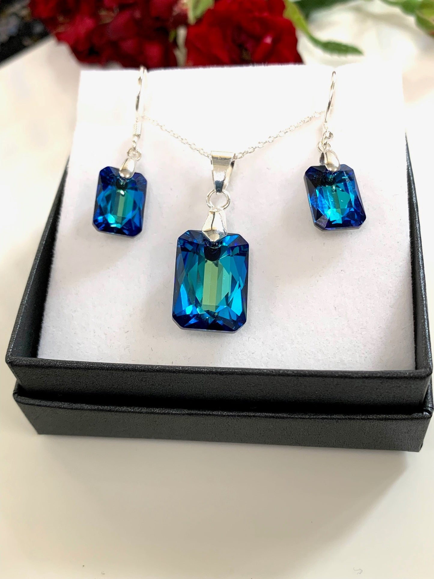 Vintage Swarovski® Emerald Cut crystal set in Bermuda Blue on Sterling Silver Chain