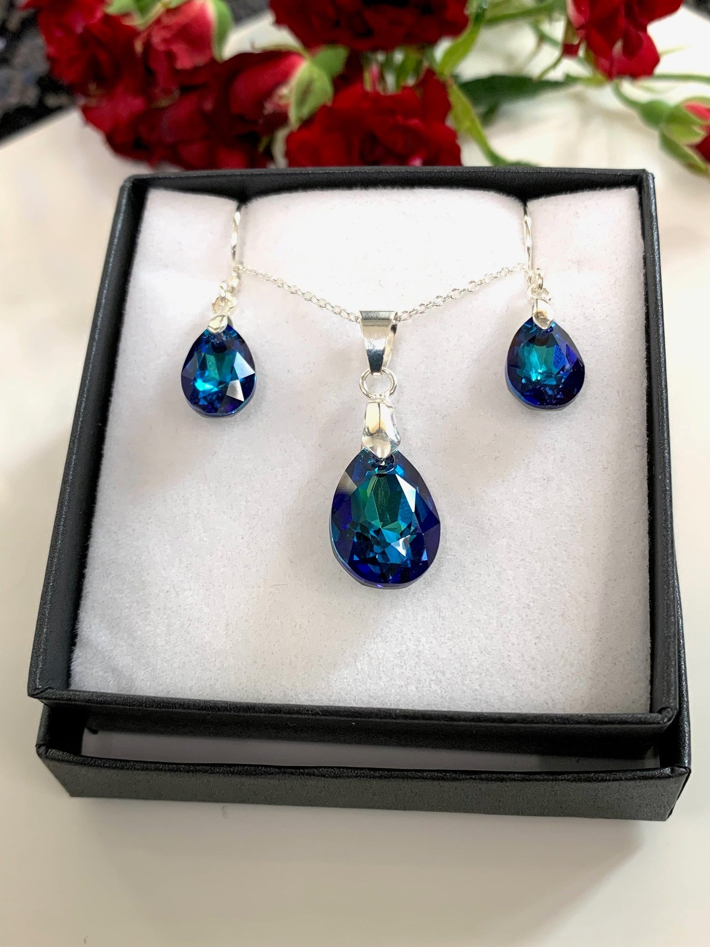 Vintage Swarovski® Teardrop set in Bermuda Blue on Sterling Silver