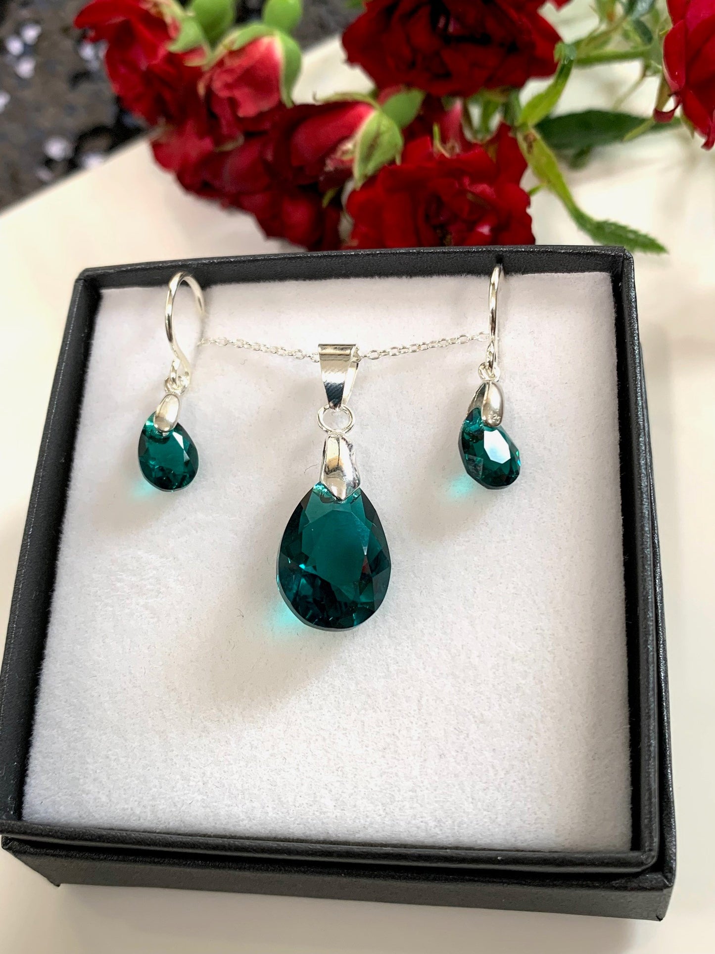 Vintage Swarovski® Teardrop crystal set in Emerald on Sterling Silver