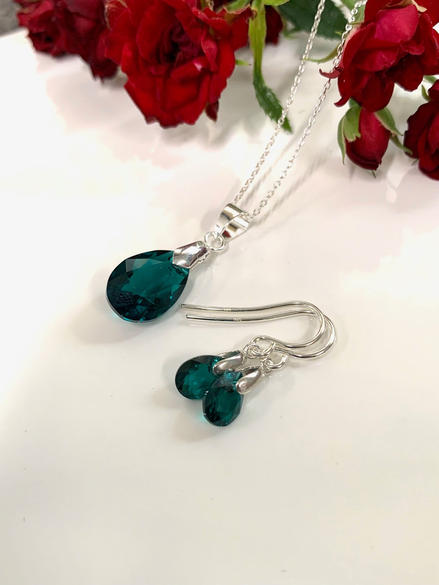 Vintage Swarovski® Teardrop crystal set in Emerald on Sterling Silver