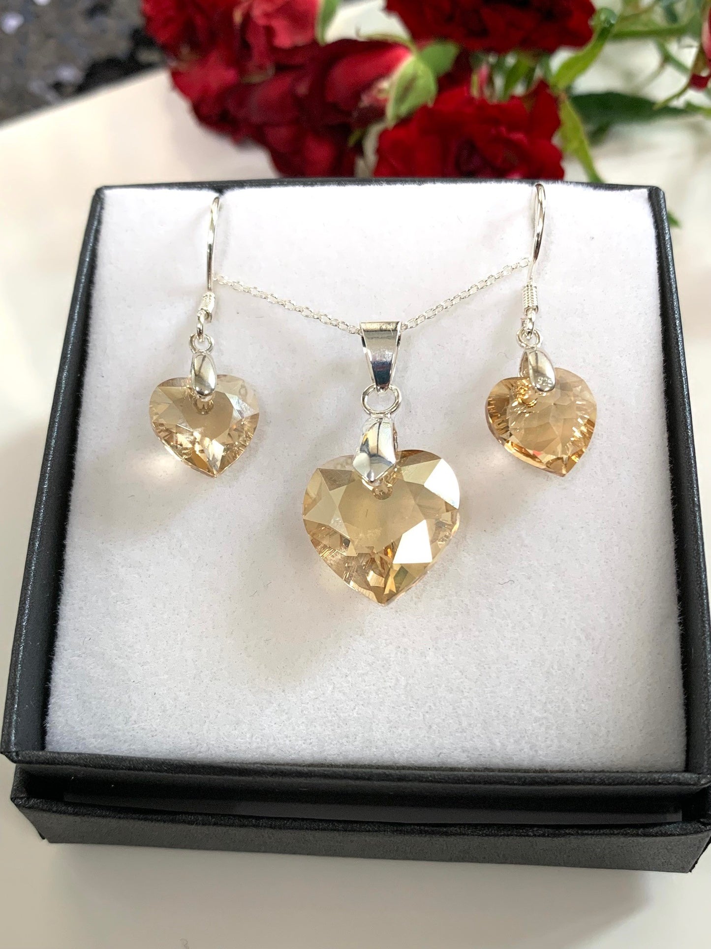 'Be Still My Heart' Vintage Swarovski® crystal set in Golden Shadow on Sterling Silver